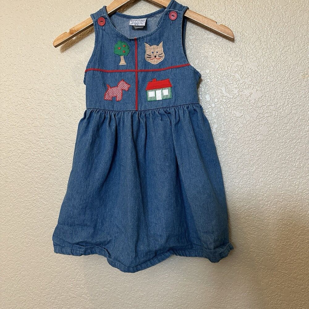 Vintage Girls Denim Dress Samara 6 Kindergarten Tree Cat‎ Dog House